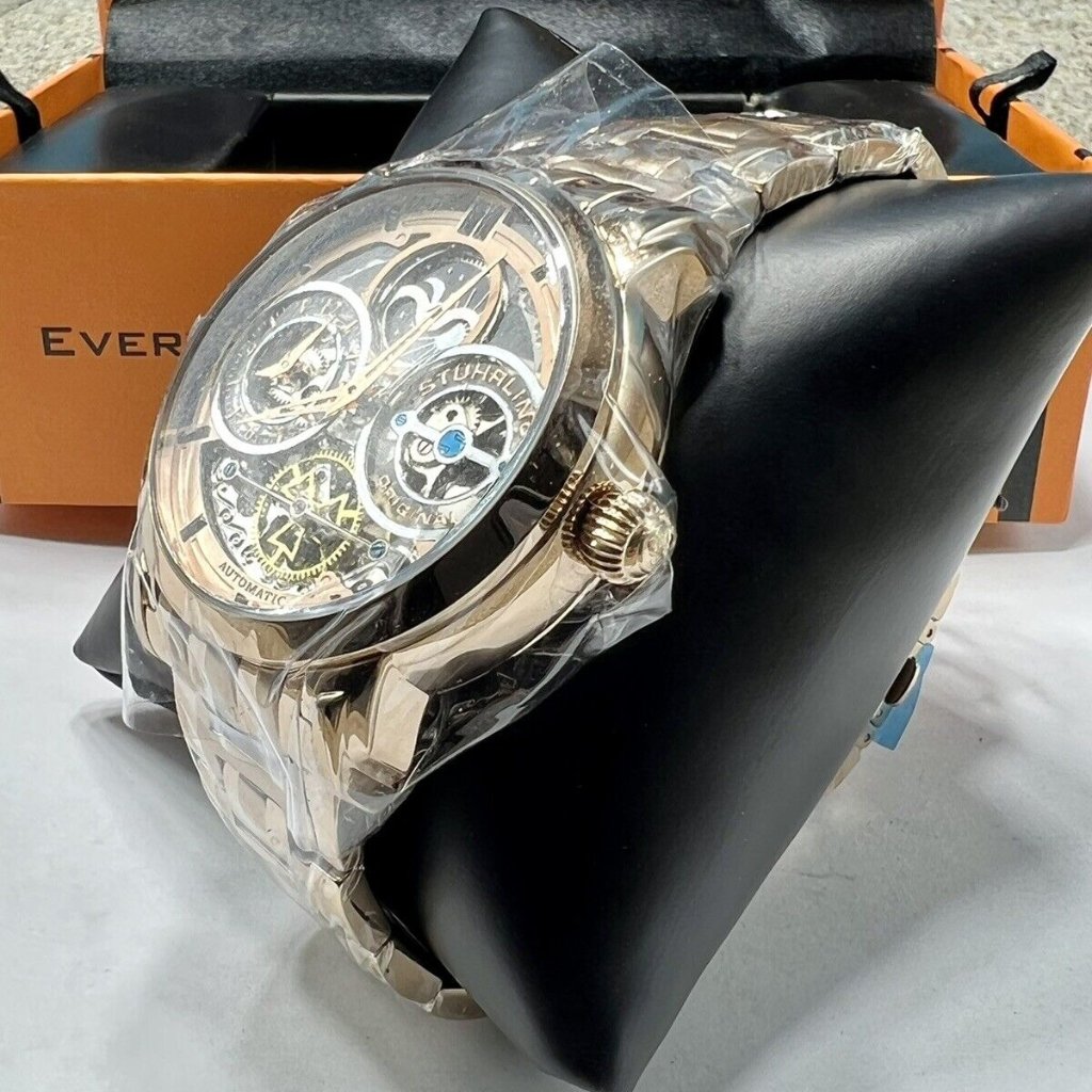 Stuhrling 371b 03 Luciano Automatic Skeleton Dual Time AmPm Bracelet Mens Watch